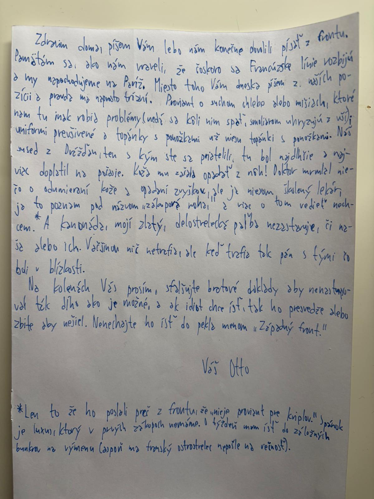 Three handwritten pages of a Slovak WWI letter (Western Front, 1916)