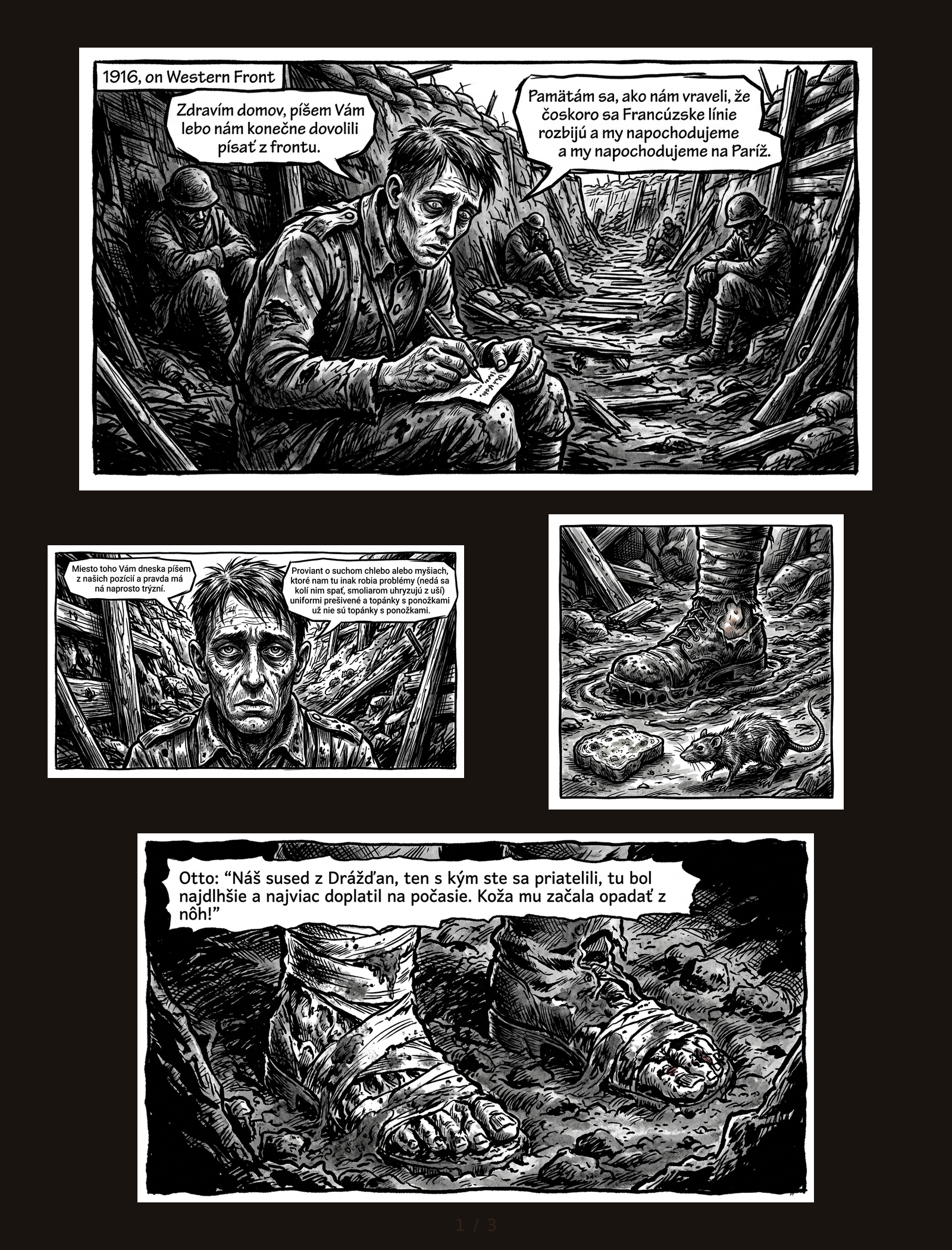 Jacques Tardi-style comic page generated from the WWI letter